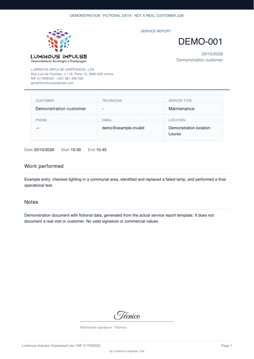 Actual service report template with fictional data, clearly marked as a demonstration