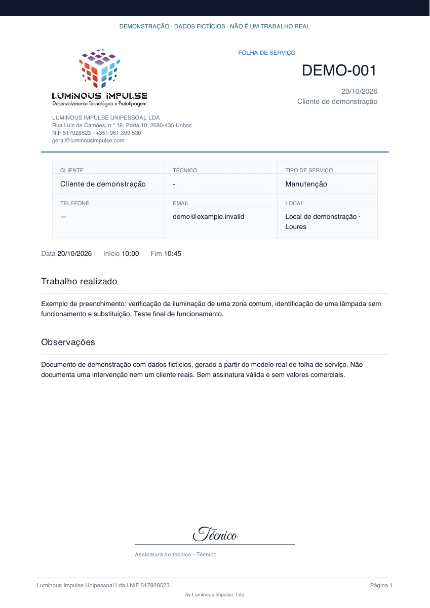 Folha de serviço real com dados fictícios, identificada como demonstração