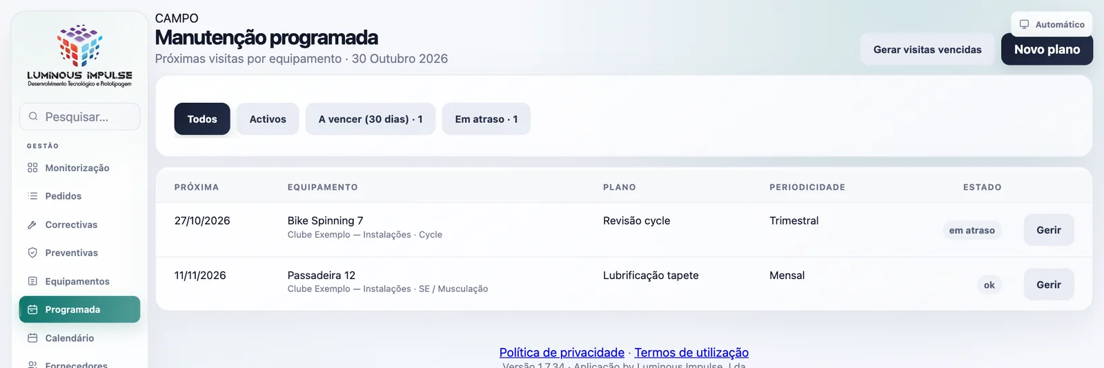 Manutenção programada do Lumigym com visitas por equipamento e estado em atraso ou ok