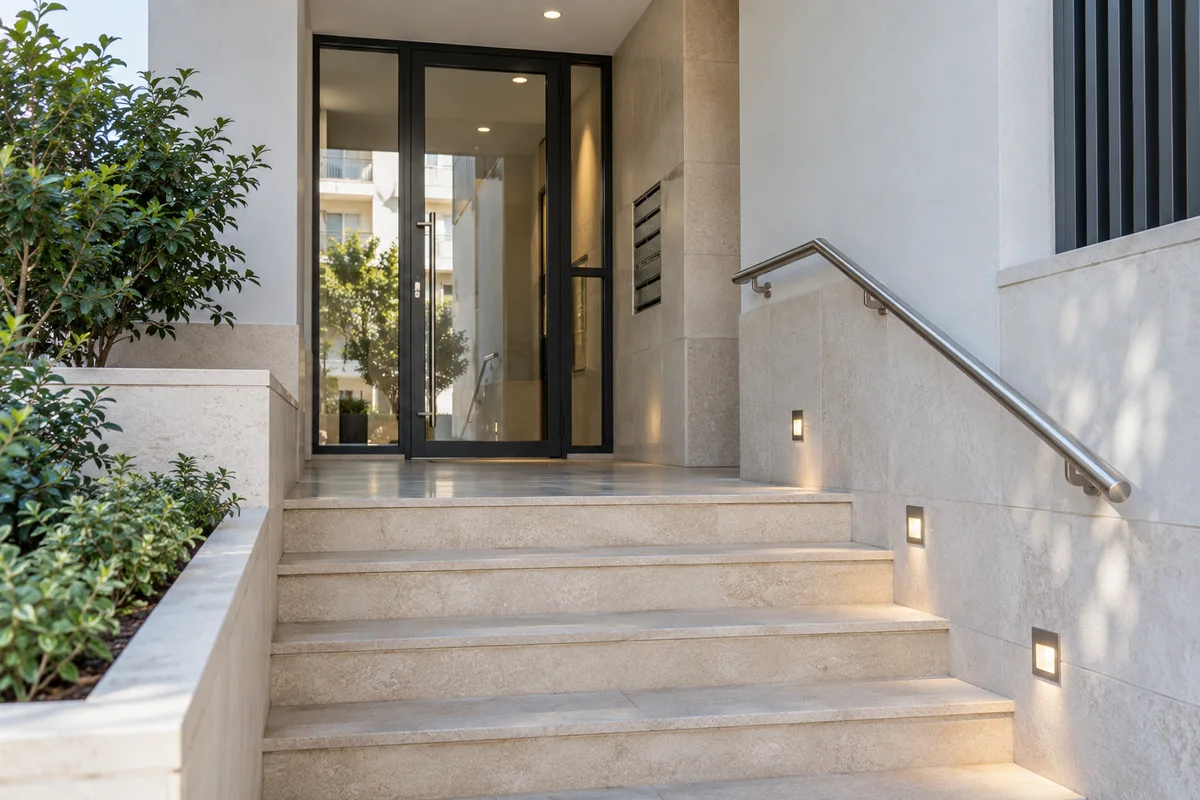 Illustrative image of a residential building entrance and staircase