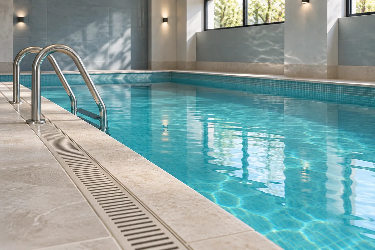Illustrative image of an indoor swimming pool and access fittings