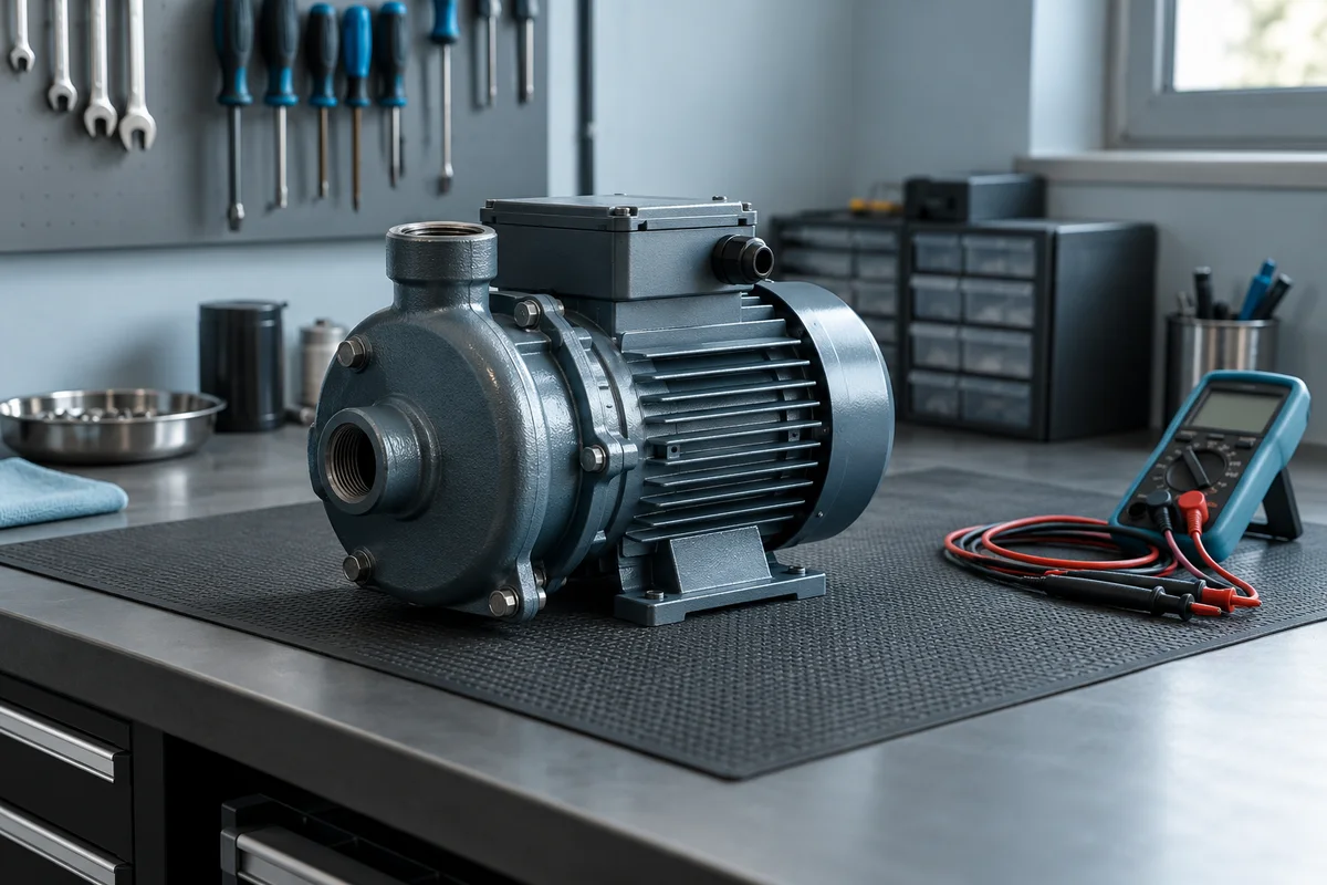 Illustrative image of a pump and diagnostic instruments on a technical workbench